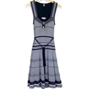Tricot Chic Striped Knit & Denim Dress Sz M Navy Blue White Sleeveless Ruffles